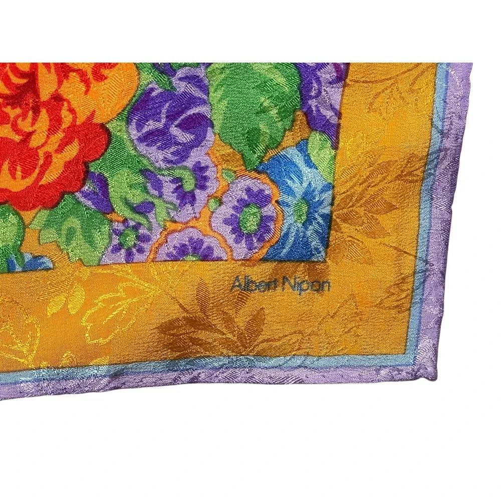 Albert Nipon Vintage Floral Jacquard Silk Square Scarf Gold Purple Hand Rolled‎